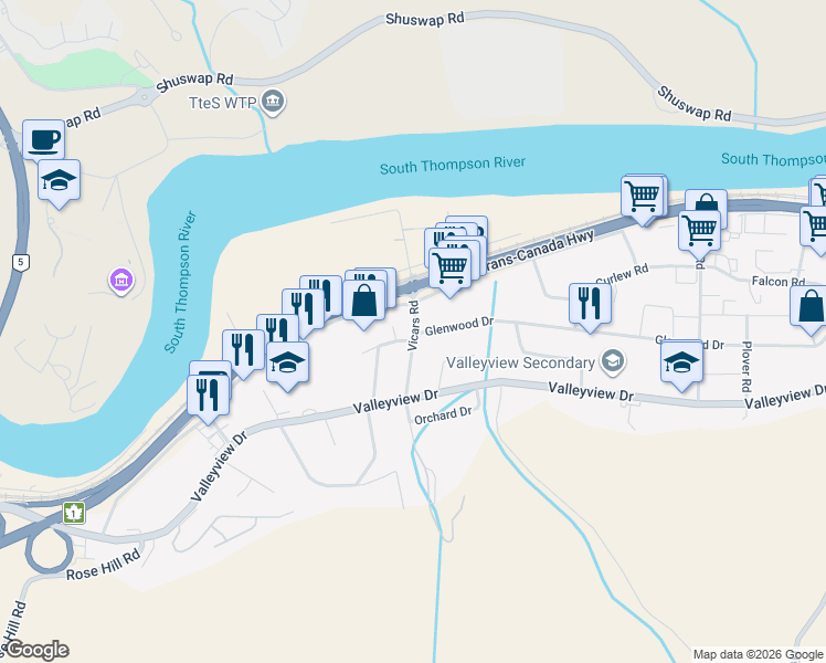 map of restaurants, bars, coffee shops, grocery stores, and more near 1795 Trans-Canada Highway in Kamloops