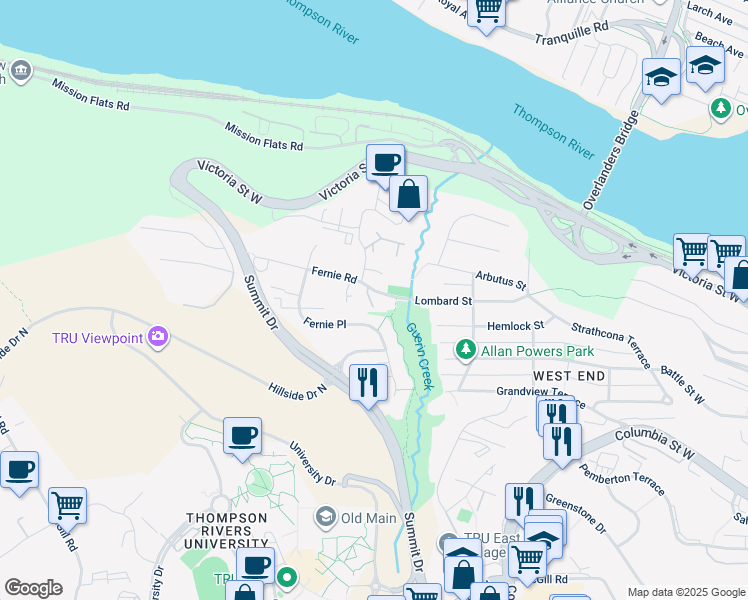 map of restaurants, bars, coffee shops, grocery stores, and more near 887 Fernie Road in Kamloops