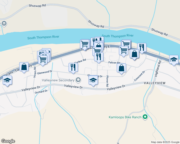 map of restaurants, bars, coffee shops, grocery stores, and more near 174 Oriole Road in Kamloops