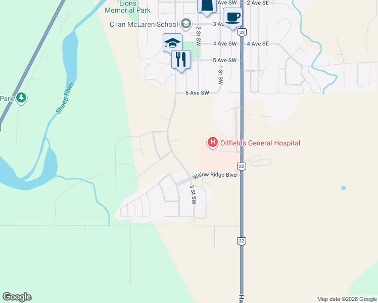 map of restaurants, bars, coffee shops, grocery stores, and more near 950 3 Street Southwest in Black Diamond