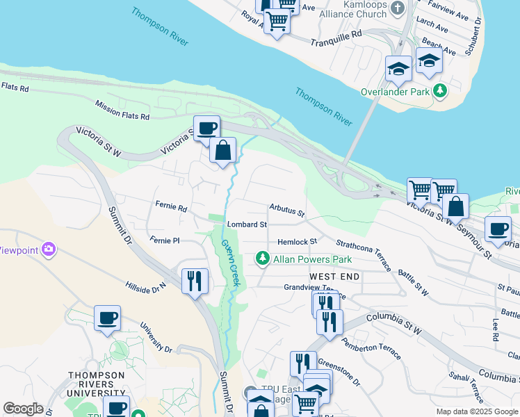 map of restaurants, bars, coffee shops, grocery stores, and more near 743 Arbutus Street in Kamloops