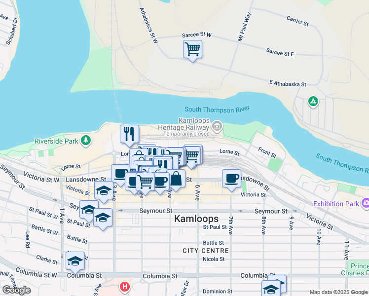 map of restaurants, bars, coffee shops, grocery stores, and more near 550 Lorne Street West in Kamloops