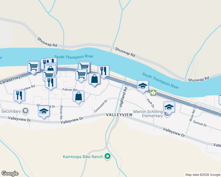 map of restaurants, bars, coffee shops, grocery stores, and more near 2121 Trans-Canada Highway in Kamloops