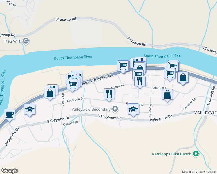 map of restaurants, bars, coffee shops, grocery stores, and more near 1956 Curlew Road in Kamloops