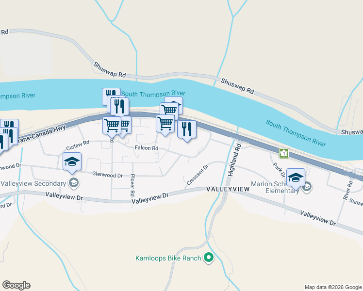 map of restaurants, bars, coffee shops, grocery stores, and more near 2121 Trans-Canada Highway in Kamloops