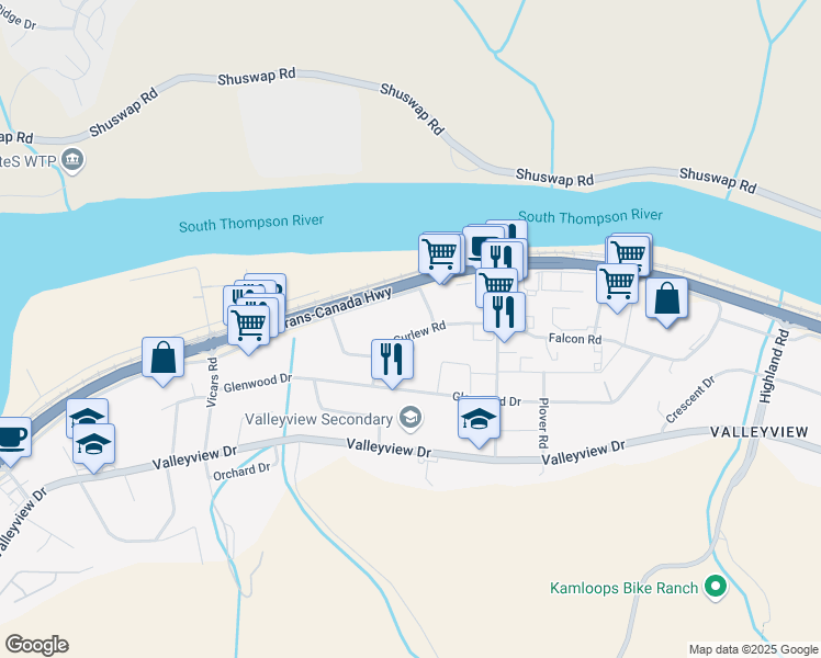 map of restaurants, bars, coffee shops, grocery stores, and more near 1962 Curlew Road in Kamloops
