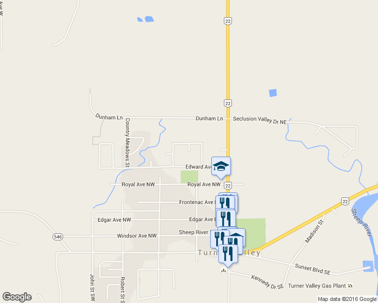 map of restaurants, bars, coffee shops, grocery stores, and more near 513 Archibald Way Northwest in Turner Valley