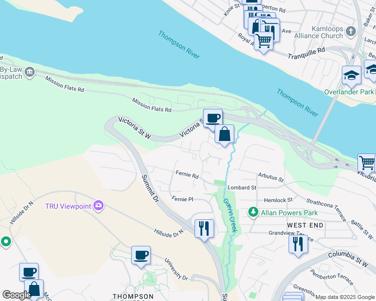 map of restaurants, bars, coffee shops, grocery stores, and more near 925 Victoria Street West in Kamloops