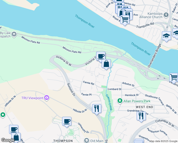 map of restaurants, bars, coffee shops, grocery stores, and more near 925 Victoria Street West in Kamloops