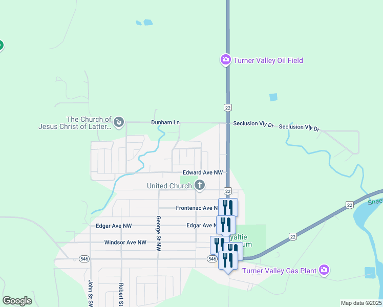 map of restaurants, bars, coffee shops, grocery stores, and more near 513 Archibald Way Northwest in Turner Valley