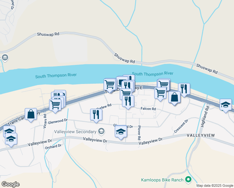 map of restaurants, bars, coffee shops, grocery stores, and more near 1967 Trans Canada Highway East Frontage Road in Kamloops
