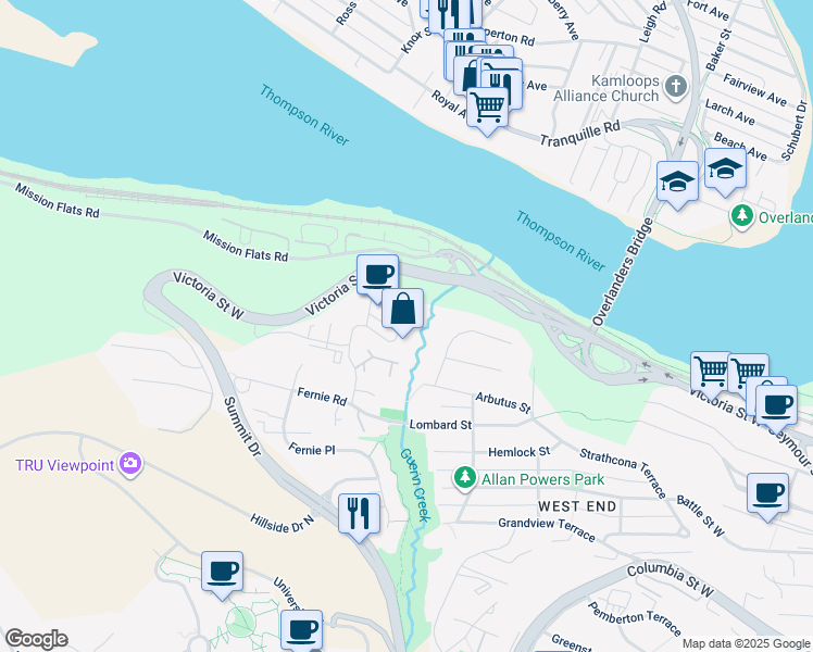 map of restaurants, bars, coffee shops, grocery stores, and more near 15 Hudson's Bay Trail in Kamloops