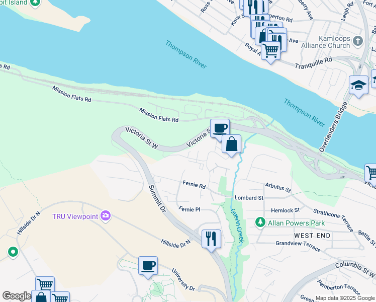 map of restaurants, bars, coffee shops, grocery stores, and more near 960 Victoria Street West in Kamloops