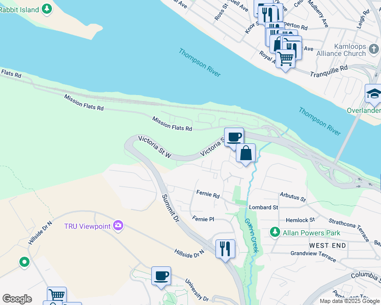 map of restaurants, bars, coffee shops, grocery stores, and more near 960 Victoria Street West in Kamloops
