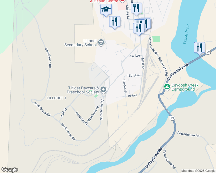 map of restaurants, bars, coffee shops, grocery stores, and more near 336 Bouvette Road in 100 Mile House