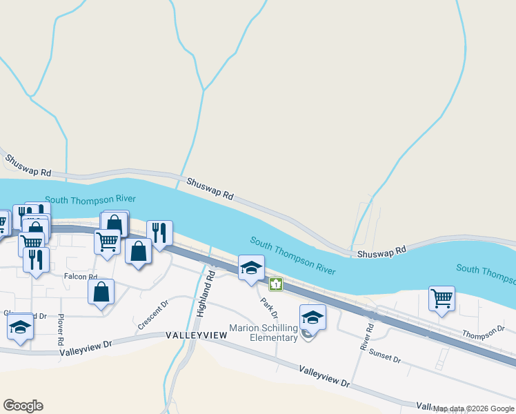 map of restaurants, bars, coffee shops, grocery stores, and more near 734 Shuswap Road in Kamloops