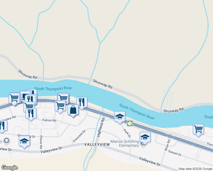 map of restaurants, bars, coffee shops, grocery stores, and more near 715 Shuswap Road in Kamloops