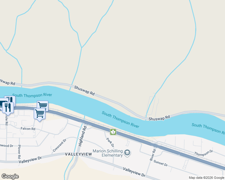 map of restaurants, bars, coffee shops, grocery stores, and more near 734 Shuswap Road in Kamloops