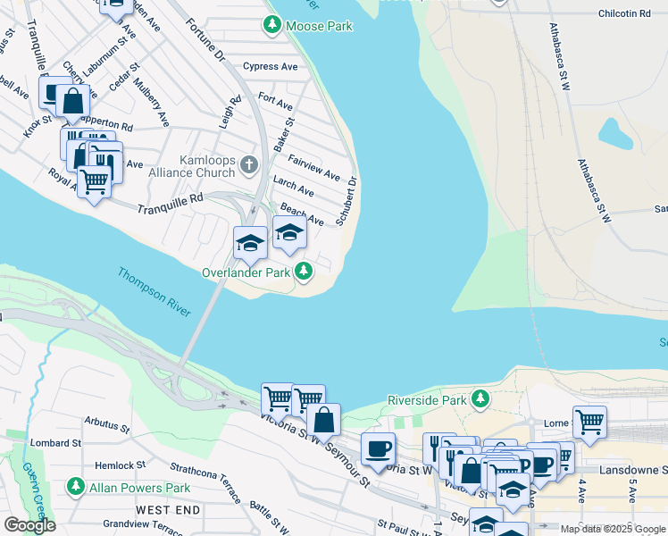 map of restaurants, bars, coffee shops, grocery stores, and more near 249 Kitchener Crescent in Kamloops