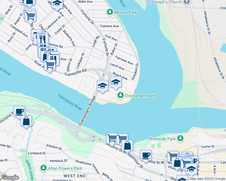 map of restaurants, bars, coffee shops, grocery stores, and more near 150 Kitchener Crescent in Kamloops