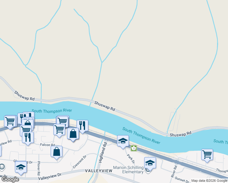 map of restaurants, bars, coffee shops, grocery stores, and more near 715 Shuswap Road in Kamloops