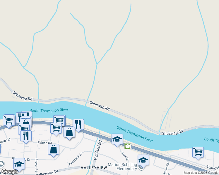 map of restaurants, bars, coffee shops, grocery stores, and more near 715 Shuswap Road in Kamloops