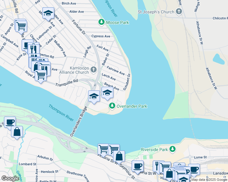 map of restaurants, bars, coffee shops, grocery stores, and more near 254 Beach Avenue in Kamloops