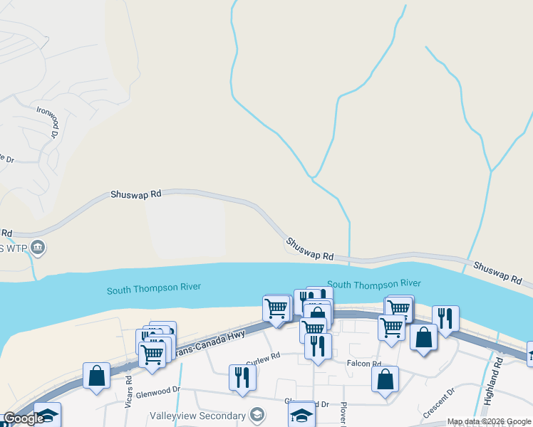 map of restaurants, bars, coffee shops, grocery stores, and more near 660 Shuswap Road in Kamloops