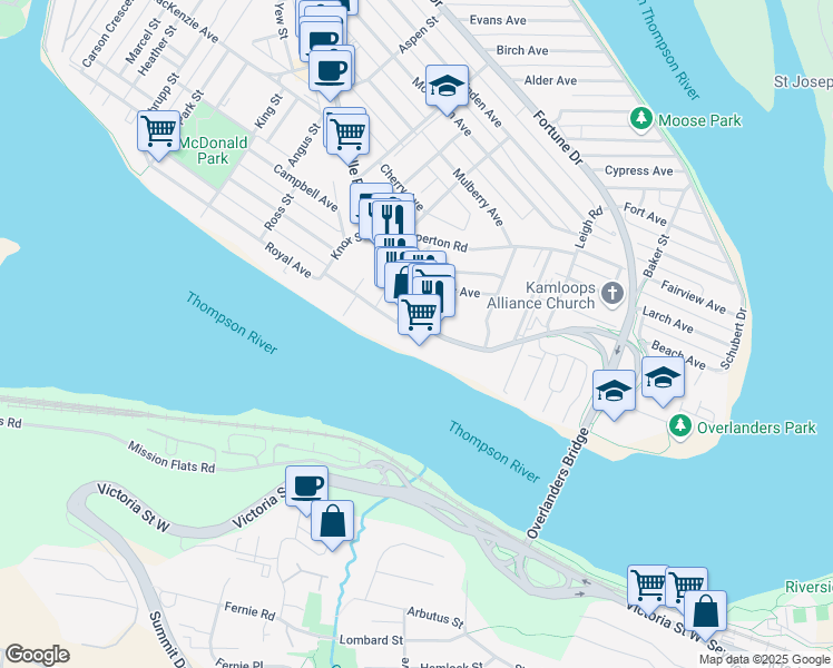 map of restaurants, bars, coffee shops, grocery stores, and more near 185 Tranquille Road in Kamloops