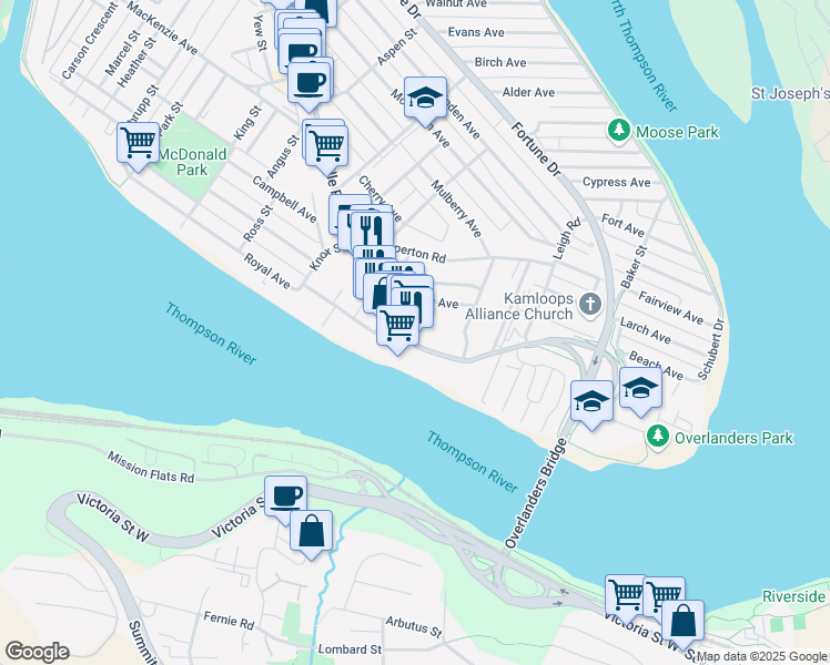 map of restaurants, bars, coffee shops, grocery stores, and more near 185 Tranquille Road in Kamloops