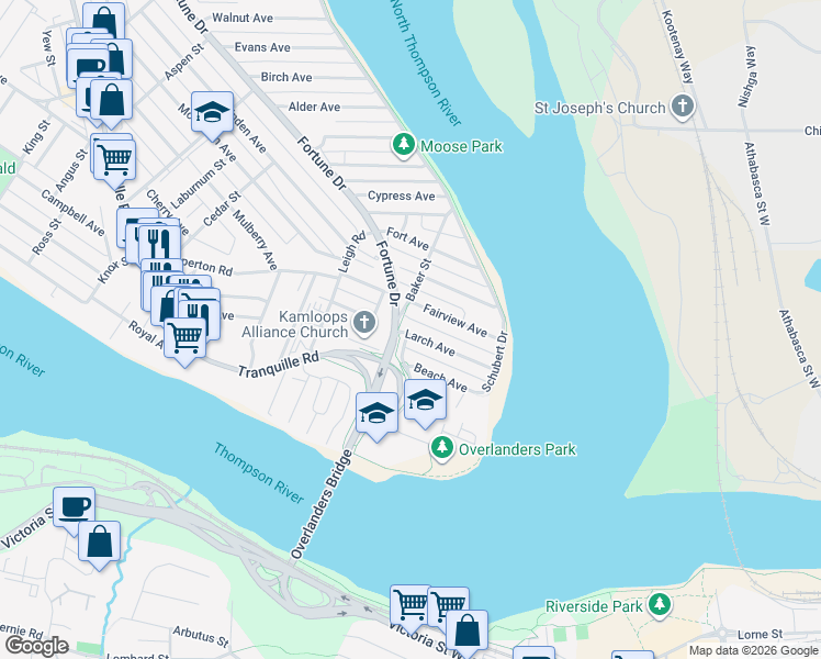 map of restaurants, bars, coffee shops, grocery stores, and more near 211 Larch Avenue in Kamloops
