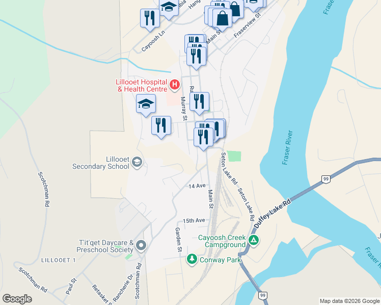 map of restaurants, bars, coffee shops, grocery stores, and more near 1295 Murray Street in 100 Mile House