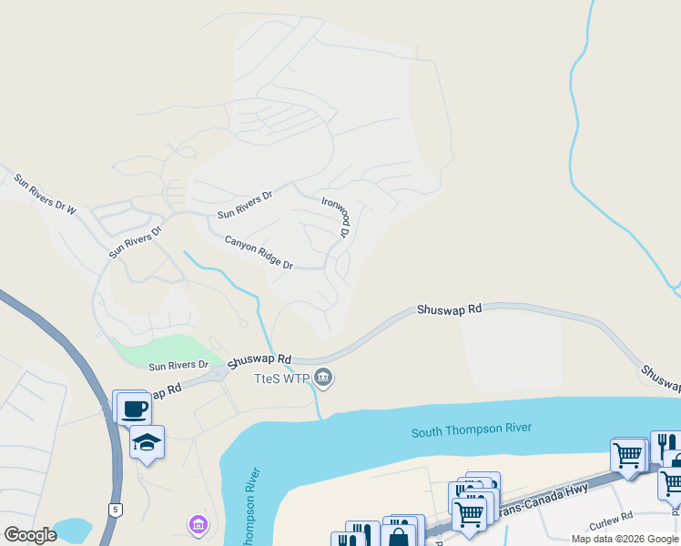 map of restaurants, bars, coffee shops, grocery stores, and more near 535 Stoneridge Crescent in Kamloops