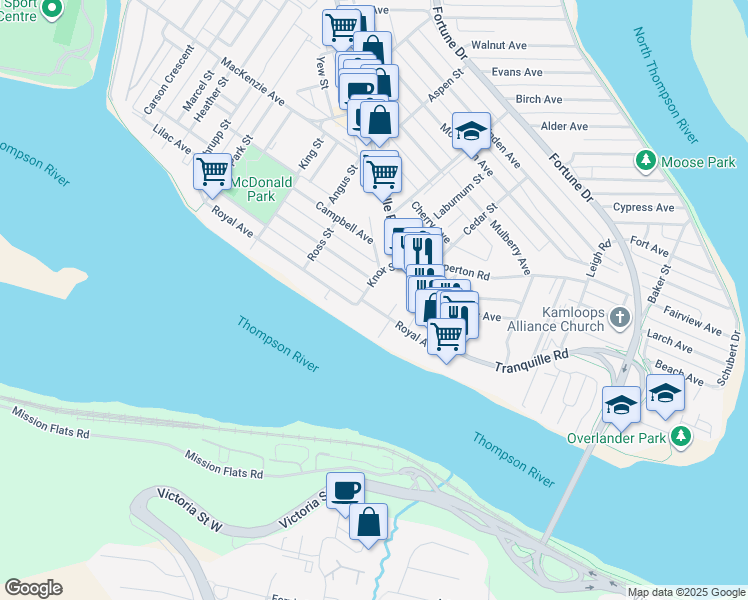 map of restaurants, bars, coffee shops, grocery stores, and more near 280 Royal Avenue in Kamloops