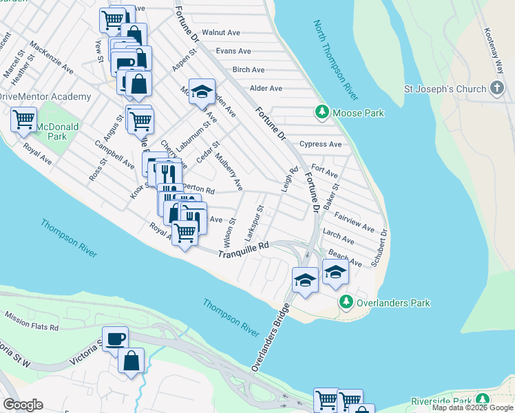 map of restaurants, bars, coffee shops, grocery stores, and more near 8 Larkspur Street in Kamloops