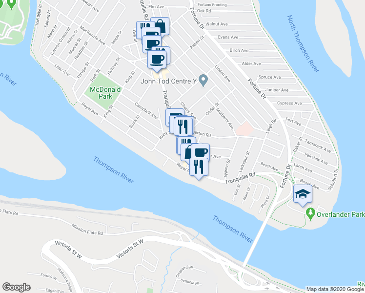 map of restaurants, bars, coffee shops, grocery stores, and more near 259 Tranquille Road in Kamloops
