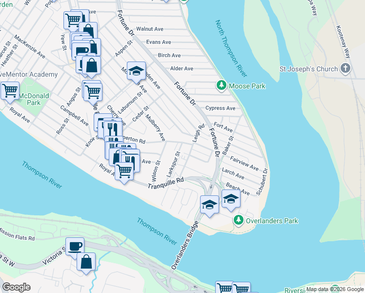 map of restaurants, bars, coffee shops, grocery stores, and more near 8 Larkspur Street in Kamloops
