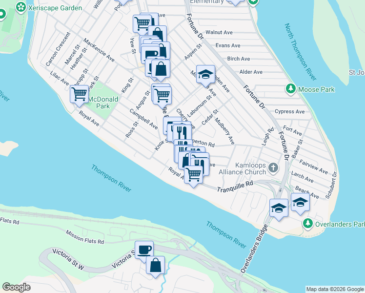 map of restaurants, bars, coffee shops, grocery stores, and more near 259 Tranquille Road in Kamloops