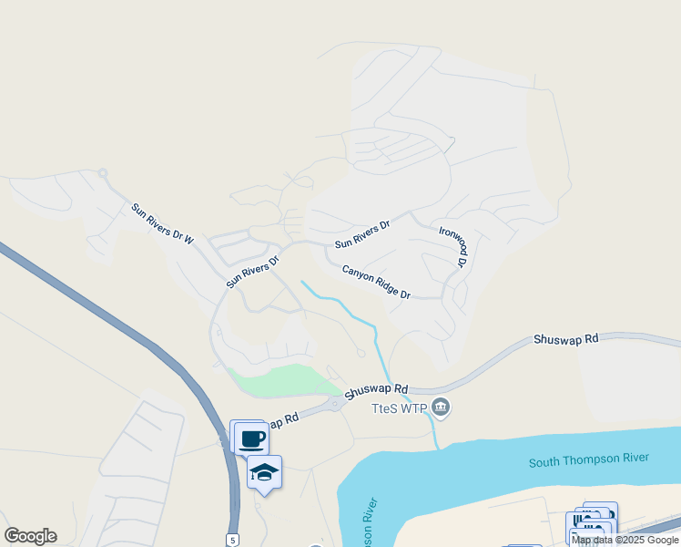 map of restaurants, bars, coffee shops, grocery stores, and more near 1124 Canyon Ridge Drive in Kamloops