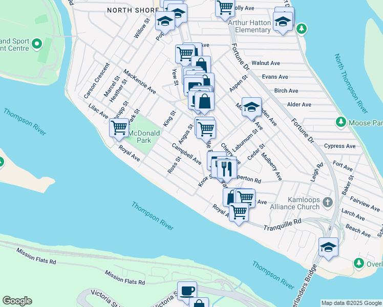 map of restaurants, bars, coffee shops, grocery stores, and more near 364 Campbell Avenue in Kamloops