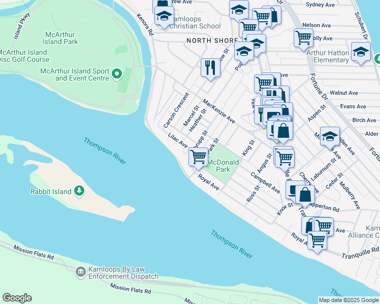map of restaurants, bars, coffee shops, grocery stores, and more near 224 Thrupp Street in Kamloops