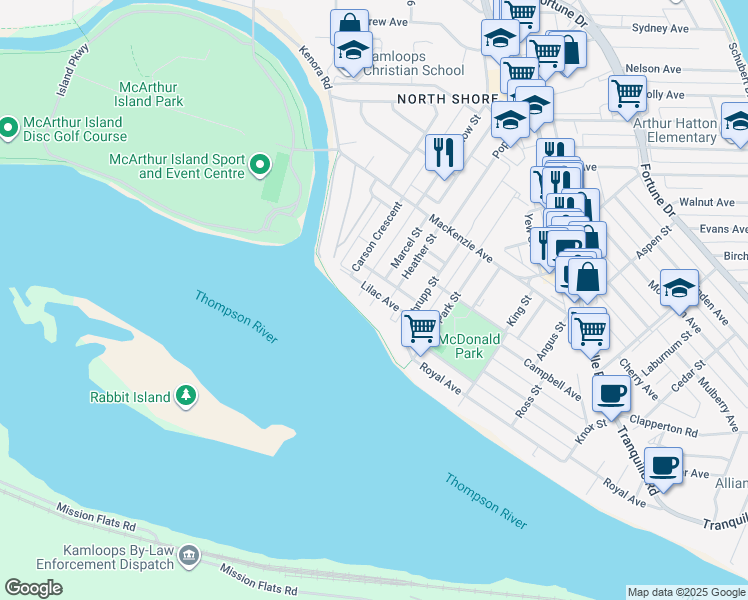 map of restaurants, bars, coffee shops, grocery stores, and more near 669 Lilac Avenue in Kamloops