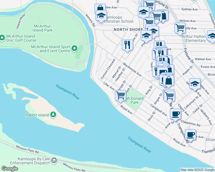 map of restaurants, bars, coffee shops, grocery stores, and more near 669 Lilac Avenue in Kamloops