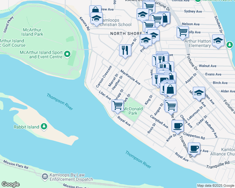 map of restaurants, bars, coffee shops, grocery stores, and more near 182 Thrupp Street in Kamloops