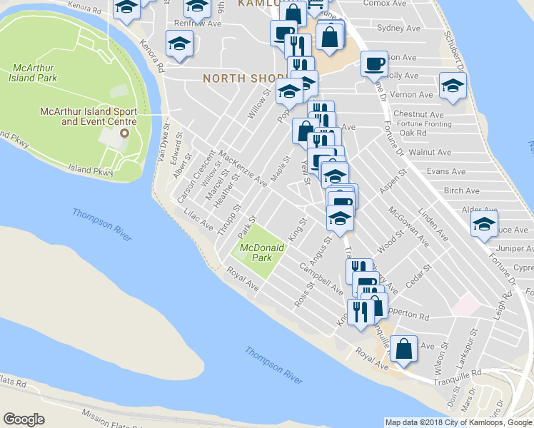 map of restaurants, bars, coffee shops, grocery stores, and more near 142 Holway Street in Kamloops
