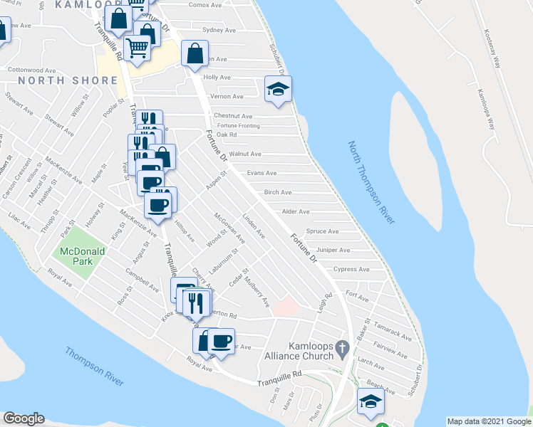 map of restaurants, bars, coffee shops, grocery stores, and more near 439 Fortune Drive in Kamloops