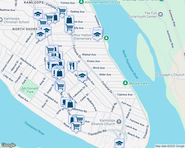map of restaurants, bars, coffee shops, grocery stores, and more near 439 Fortune Drive in Kamloops
