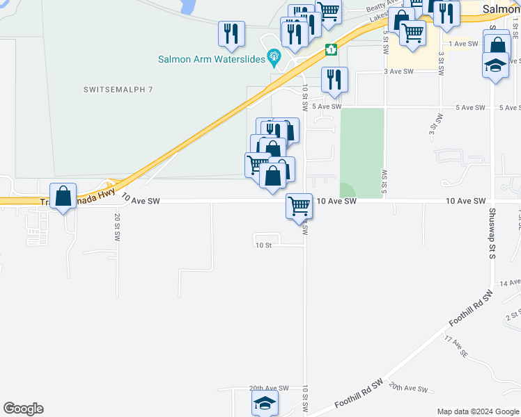 map of restaurants, bars, coffee shops, grocery stores, and more near 1230 10 Avenue Southwest in Salmon Arm