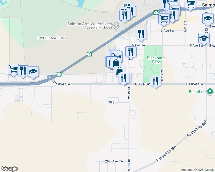 map of restaurants, bars, coffee shops, grocery stores, and more near 1230 10 Avenue Southwest in Salmon Arm