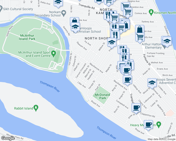 map of restaurants, bars, coffee shops, grocery stores, and more near 138 Marcel Street in Kamloops